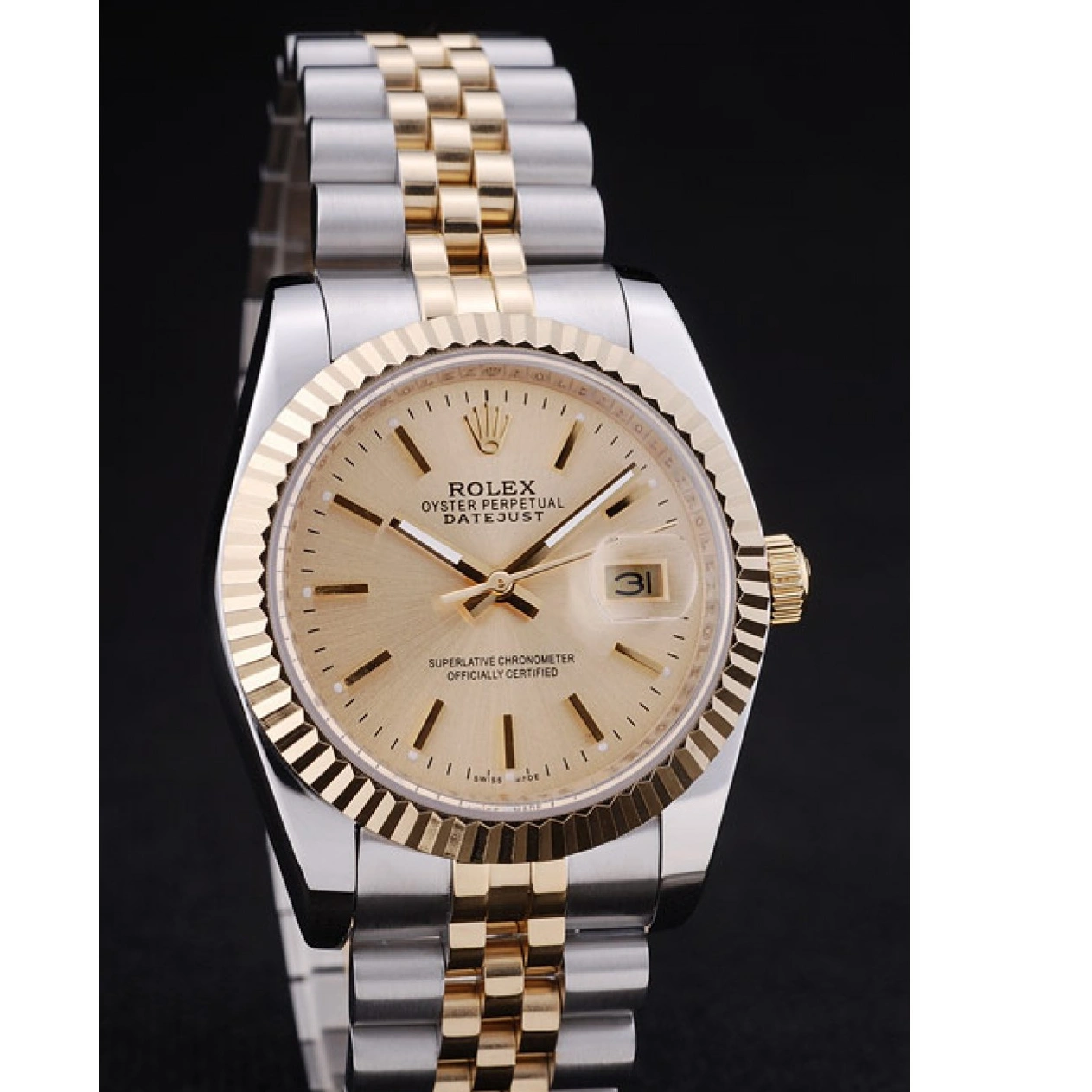 Aaa replica watch Bezel Ribbed Gold Rolex 7450 Dial Datejust 1029